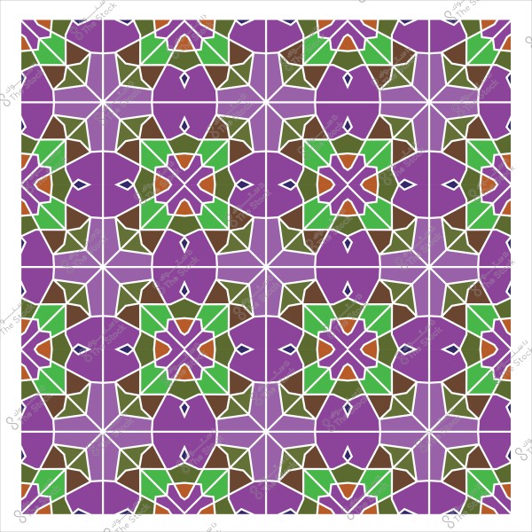 نمط هندسي ملون بألوان زاهية, يحتوي على تصميمات متكررة بأشكال متعددة الألوان بألوان البنفسجي, الأخضر, البني والأبيض. التصميم يعكس الفن الإسلامي التقليدي بنمط متكرر وسيمترية جميلة.

-