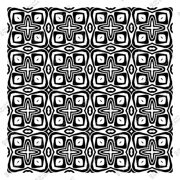 نمط متكرر باللونين الأسود والأبيض بتصميم هندسي يحتوي على أشكال متقاطعة وأوراق.