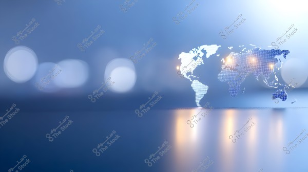 Image showing a digital dotted world map on a blurry blue background. The map is illuminated with light spots at various locations, giving an impression of technology or global connectivity.