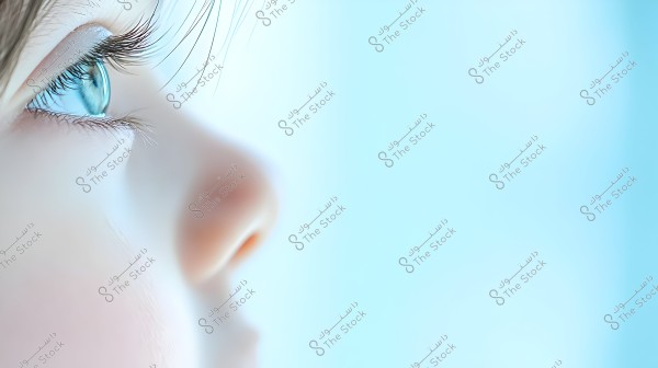 A close-up image of a child\'s face showing the left side with prominently blue eyes and part of the nose. The background is light blue and blurred, highlighting the facial features sharply and distinctly.