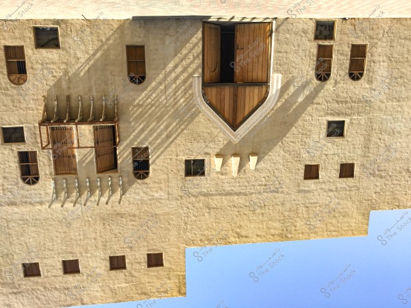 Image of a traditional historic building façade made of mud brick, featuring small wooden windows and protruding windcatchers. The doors and windows are designed in a traditional Arabic style, with shadows cast across the walls. The sky is blue and clear at the top of the image.