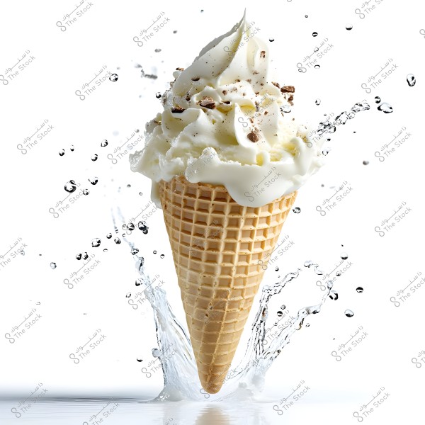 ** A cone of ice cream topped with a thick layer of whipped cream or vanilla ice cream, sprinkled with small chocolate flakes. Around it are splash effects of water, adding motion and energy to the image. The background is white, highlighting the details of the ice cream.\r\n\r\n**