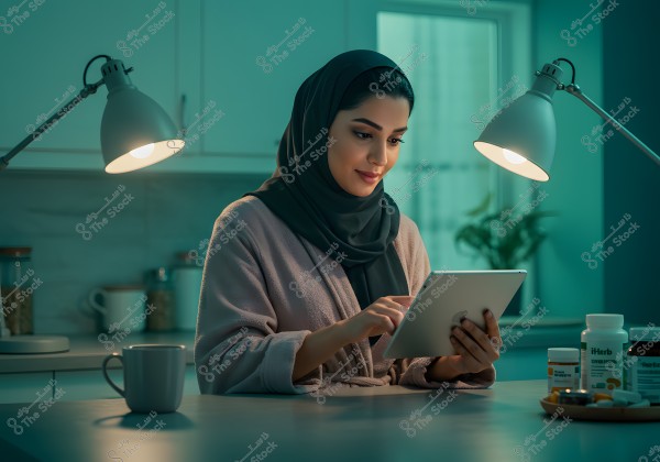 Image of a woman wearing a dark hijab and a robe sitting at a table in a modern kitchen. The kitchen is lit by desk lamps, and the woman is using a tablet. Various bottles of supplements are on the table, along with a mug.