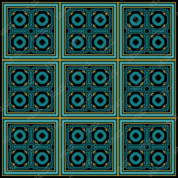 تصميم هندسي متكرر يتضمن مربعات باللون الأخضر الداكن والزخارف الزرقاء والسوداء.