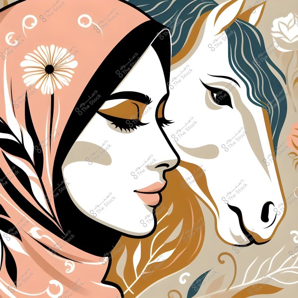 An abstract illustration of a woman wearing a hijab adorned with floral patterns, tilting her head next to a horse\'s head. The primary colors in the image are pink, white, and brown, with botanical designs in the background.