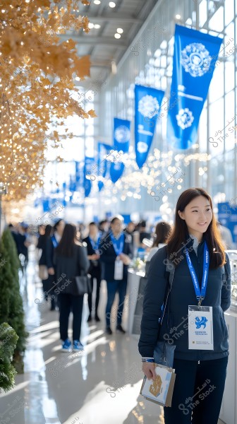 The image shows a woman standing in a bustling area filled with people, decorated with golden lights and blue flags with emblems. The woman is wearing a dark jacket and has an identification badge. The setting suggests an event or conference.