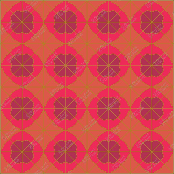 تصميم هندسي متماثل باللونين الأحمر والبرتقالي مع أشكال زهرية.