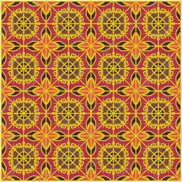 نمط إسلامي هندسي متماثل بألوان صفراء وحمراء مع تفاصيل نباتية.