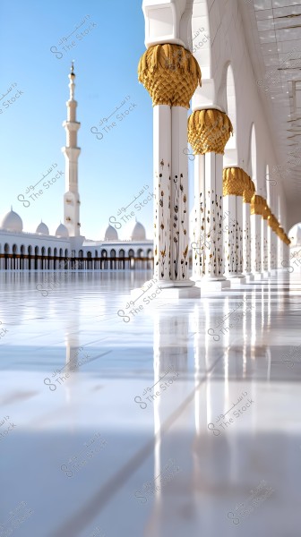 An image of a corridor in a grand mosque, featuring white columns adorned with golden details and floral motifs. The expansive outdoor courtyard is gleaming under bright sunlight, with the mosque and its prominent minarets visible in the background under a clear blue sky.
