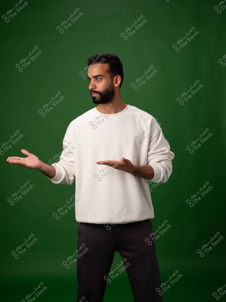 Portrait of a man with a beard and short hair standing in front of a green background. He is wearing a white long-sleeved shirt and dark pants, looking to the left, gesturing as if explaining something.