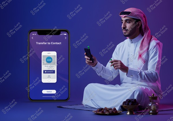 An image of a man wearing traditional Saudi attire, sitting on a mat against a blue-purple background. The man wears a white thobe and a neatly arranged red and white headscarf. In front of him, there is a plate of dates and a traditional coffee pot. On the left side, a mobile phone displays an app showing \"Transfer to Contact\" with a simple user interface.