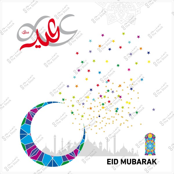 Eid greeting design with \"عيد مبارك\" in Arabic and \"Eid Mubarak\" in English, featuring a mosaic crescent and a city skyline.