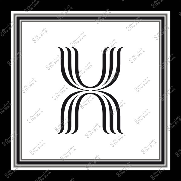 The letter \"X\" adorned with vertical black lines on a white background within a decorative frame.