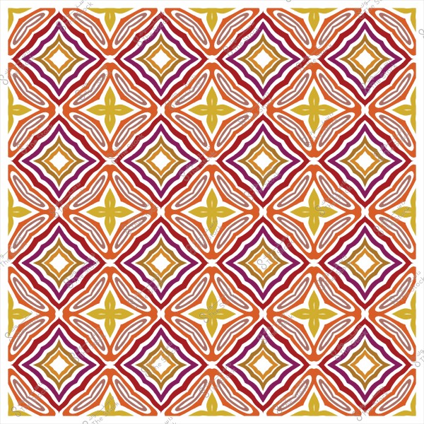 Ornamental pattern with geometric shapes in orange and gold colors on a white background.