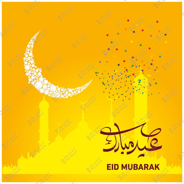تصميم تهنئة بالعيد, يحتوي على هلال مكون من دوائر ومئذنة مسجد مع عبارات عيد مبارك.