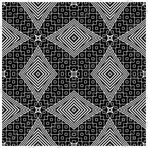 نقش متقن بالأبيض والأسود يتكون من أشكال هندسية متماثلة تتضمن دوائر ومربعات وأنماط خطوط متكررة.