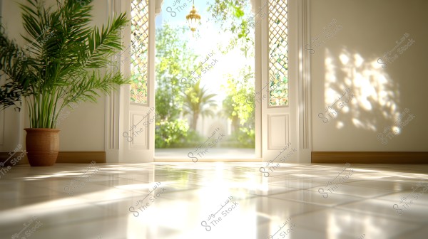 The image shows an open doorway leading to a bright foyer filled with greenery and sunlight. The white doors feature glass panels on either side, with light reflections on a shiny marble floor. In the left corner, there is an ornamental plant in a large brown pot. Outside, lush greenery and palm trees are visible under the bright daylight.