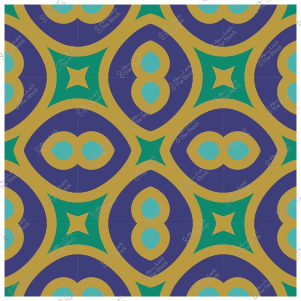 تصميم نمط هندسي بأشكال بيضاوية ونجوم بألوان الأزرق, الأخضر والذهبي.