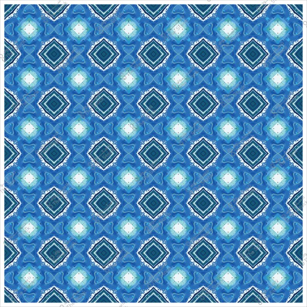 Symmetrical geometric pattern consisting of square shapes and blue and white motifs.