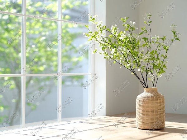 A bamboo vase is placed on a table next to a large window that allows natural light to fill the room. The vase contains green plant branches with small white flowers, adding a natural and refreshing touch to the scene. The light reflects on the wooden floor, creating a calm and bright atmosphere.