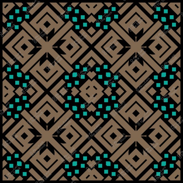 Geometric design with traditional Arabic patterns in brown and turquoise colors.