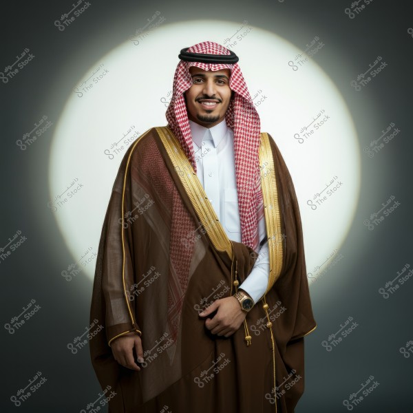 Portrait of a man wearing traditional Saudi attire, consisting of a white thobe and a red and white shemagh with an agal, along with a brown bisht adorned with golden embroidery. The background is neutral with a circle of light behind the man.