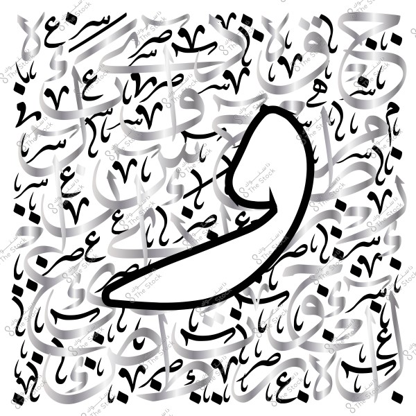 فن خط عربي مع حرف \"و\" بارز بأناقة فوق مجموعة من الحروف العربية المتداخلة.