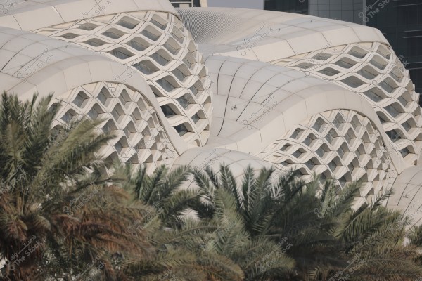 An image of a modern building facade with a distinctive geometric design featuring interlocking light-colored mesh patterns. Dense green palm trees are visible in the foreground, suggesting a setting that may be Middle Eastern.