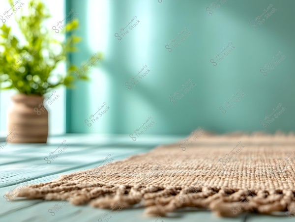 Image shows a jute rug placed on a light blue wooden floor. In the background, there is a brown pottery vase with green plants, with a soft blue background.