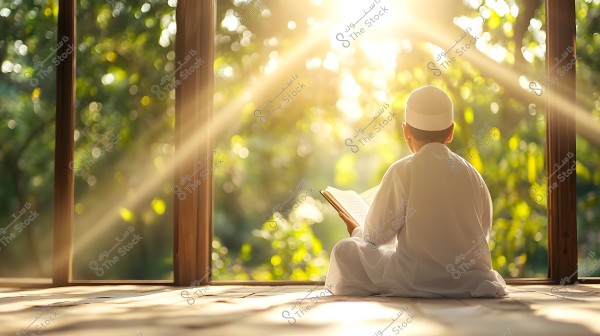 فتى صغير يجلس على الأرض داخل غرفة خشبية مضاءة بأشعة الشمس. الفتى يلبس زيًا تقليديًا أبيض مع قبعة بيضاء ويقرأ من كتاب مفتوح في حجره. تظهر الأشجار الخضراء المورقة من خلال النوافذ المفتوحة التي تُضيئها الشمس, مما يخلق جواً هادئاً وساحراً.