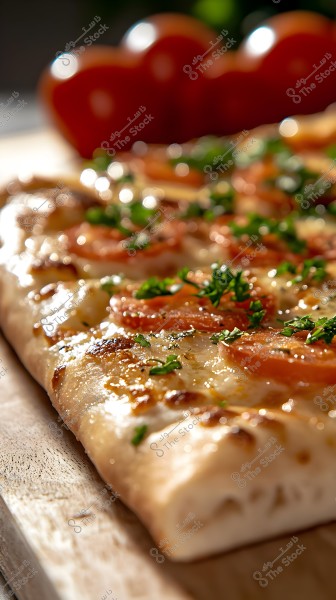Image of a freshly baked pizza on a wooden board, topped with slices of tomatoes and chopped parsley, with some melted cheese. The background features whole tomatoes, slightly out of focus.
