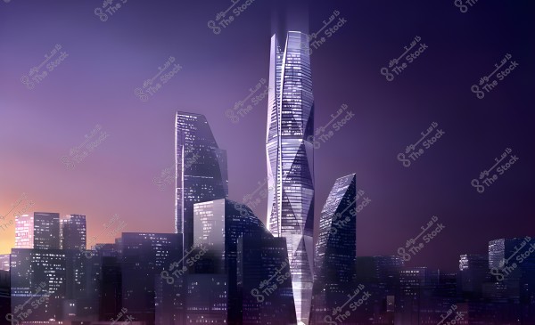 An image of a cluster of tall, modern skyscrapers in an urban setting at dusk. The central tower features a contemporary architectural design and is surrounded by several other high-rise buildings. The sky in the background blends shades of purple and deep orange, with bright lights highlighting the stunning architectural details of the skyscrapers.