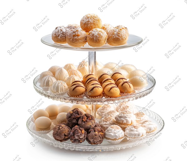 An image of assorted sweets displayed on a three-tiered glass stand. The top tier features light brown chocolate balls dusted with powdered sugar. The middle tier contains white confections decorated in various shapes, including round and oval, alongside brown sweets with chocolate stripes. The bottom tier holds white spheres, dark chocolate cookies, and white floral-shaped treats topped with gold sprinkles.