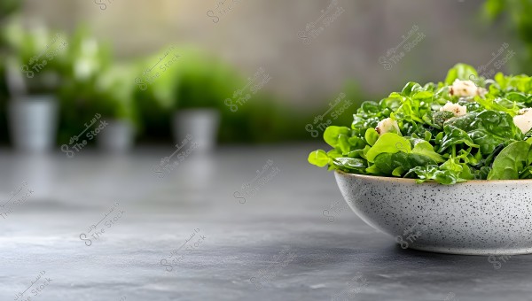 An image of a fresh green salad in a speckled black and white bowl. The bowl is filled with crisp green spinach leaves, topped with chunks of white cheese scattered throughout the salad. The background is blurred, showing green plants, adding a natural touch to the image.