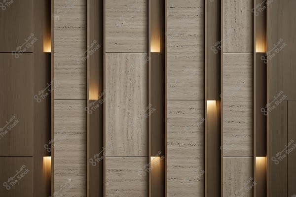 An image of a wall composed of alternating vertical strips of wood and stone. Some of the seams between the strips have integrated lighting, adding an aesthetic touch and warmth to the overall design.