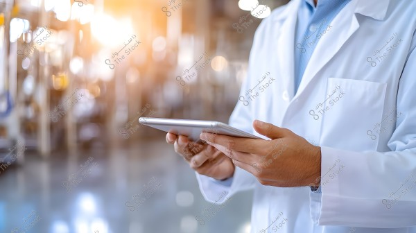 The image shows a person wearing a white coat, using a tablet in a brightly lit work environment. The background is blurred, highlighting a modern workspace.