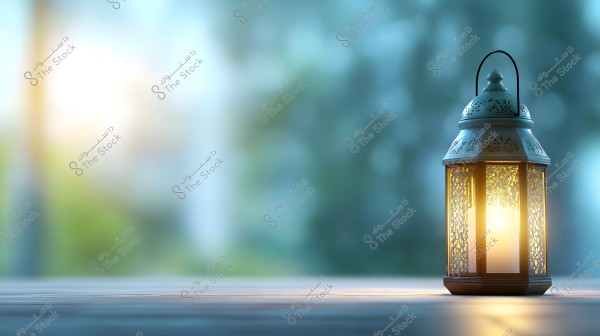 A traditional metal lantern illuminated by a candle in an outdoor setting. The lantern is decorated with cultural designs and sits on a wooden surface with a blurred natural background featuring soft green and blue hues.