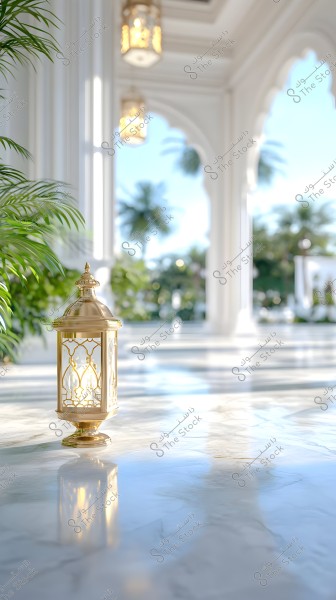 A decorative golden lantern sits on a shiny marble floor inside a palace with white columns and arches. Palm trees are visible in the background outside the palace under a clear blue daytime sky. The lantern is adorned with intricate patterns, and light reflects on the floor. The atmosphere exudes luxury and tranquility.