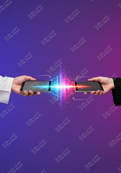 The image shows two hands holding smartphones against a gradient background of blue and purple. The left hand is wearing a white garment, while the right hand wears a black garment. Between the phones, there is a visual effect of energy or a light wave suggesting data transfer or communication.