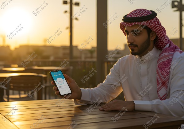 A portrait of a man wearing traditional attire including a thobe, ghutra, and agal, sitting at a wooden table outdoors during sunset. He is holding a smartphone in his hand, with the screen displaying an app. The lighting is warm and the atmosphere is calm.