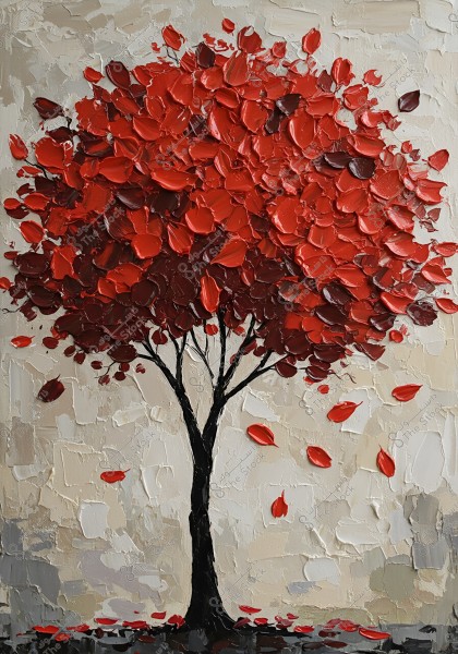 A painting depicting a tree with a dark brown trunk and vibrant red leaves against a light, neutral-toned background. The leaves are painted thickly and textured, utilizing oil painting techniques.