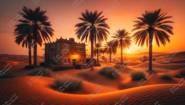 A sunset scene in the desert featuring a traditional house surrounded by palm trees and soft sand dunes. The house is built with brick and stone, showcasing traditional architectural style. A warm light glows from the house, adding warmth to the scene as the sun sets on the horizon with a warm orange hue.