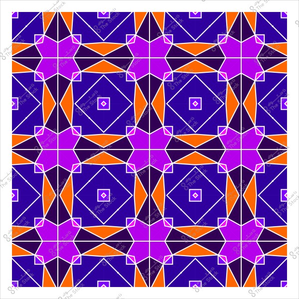 نمط هندسي متماثل مؤلف من أشكال نجمية متعددة الأضلاع باللونين البنفسجي والبرتقالي على خلفية زرقاء. التصميم يحتوي على خطوط بيضاء بارزة تفصل بين الأشكال, مكونة وحدات مزخرفة متكررة.

-