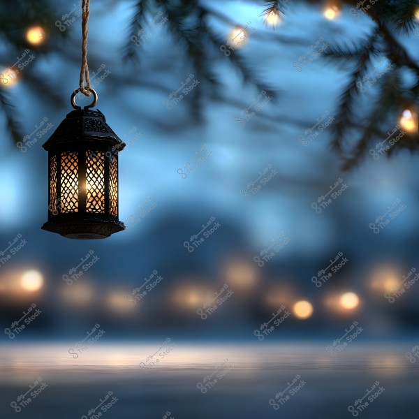 A traditional Arabic lantern lit with warm lights, hanging from a tree branch adorned with small twinkling lights. The background is blurred with glowing lights in the evening, creating a peaceful and serene atmosphere.