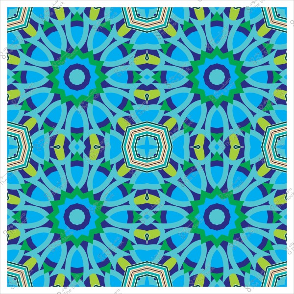 Mosaic design with blue and green colors featuring symmetrical geometric patterns.