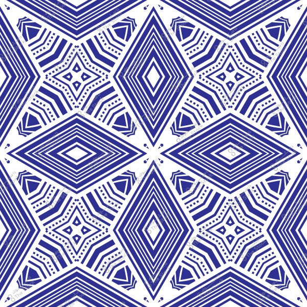 A repetitive geometric pattern featuring centered, multi-layered blue diamond shapes, surrounded by intersecting and linear patterns on a white background. The design is symmetrical and creates an engaging visual effect.