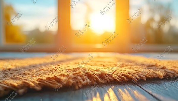A coarse rug laid out on a wooden floor illuminated by bright sunlight streaming through a large window. The image focuses on the texture details of the rug with golden light reflections in the background.