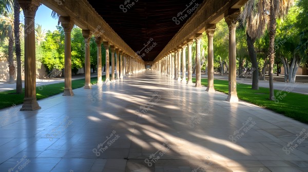 A long walkway covered by a wooden roof supported by ornate columns on both sides. The walkway stretches through a lush green garden, with sunlight casting attractive shadows on the marble floor. Tall trees surround the scene, contributing to a serene atmosphere.