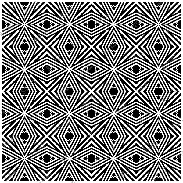 Symmetrical geometric pattern in black and white consisting of interlocking diamond shapes with radiating lines.