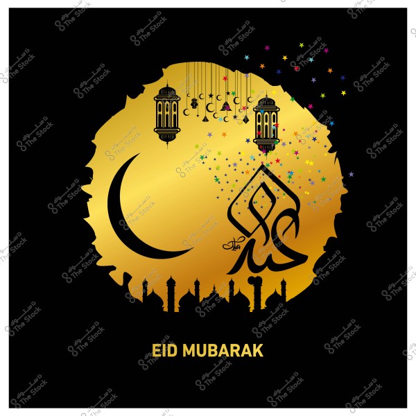 Golden Eid Mubarak design with lantern, crescent moon, star decorations, and mosque silhouette.